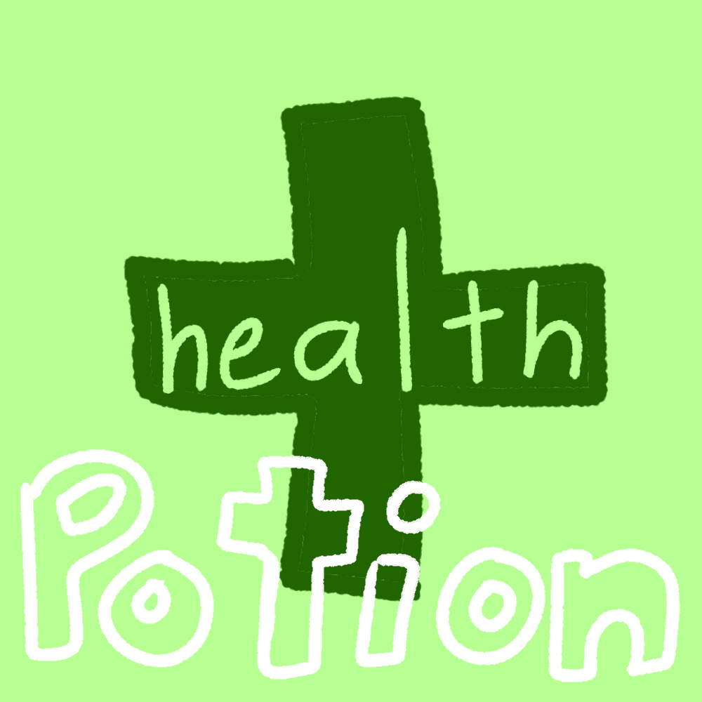 green cross with the word 'health potion'